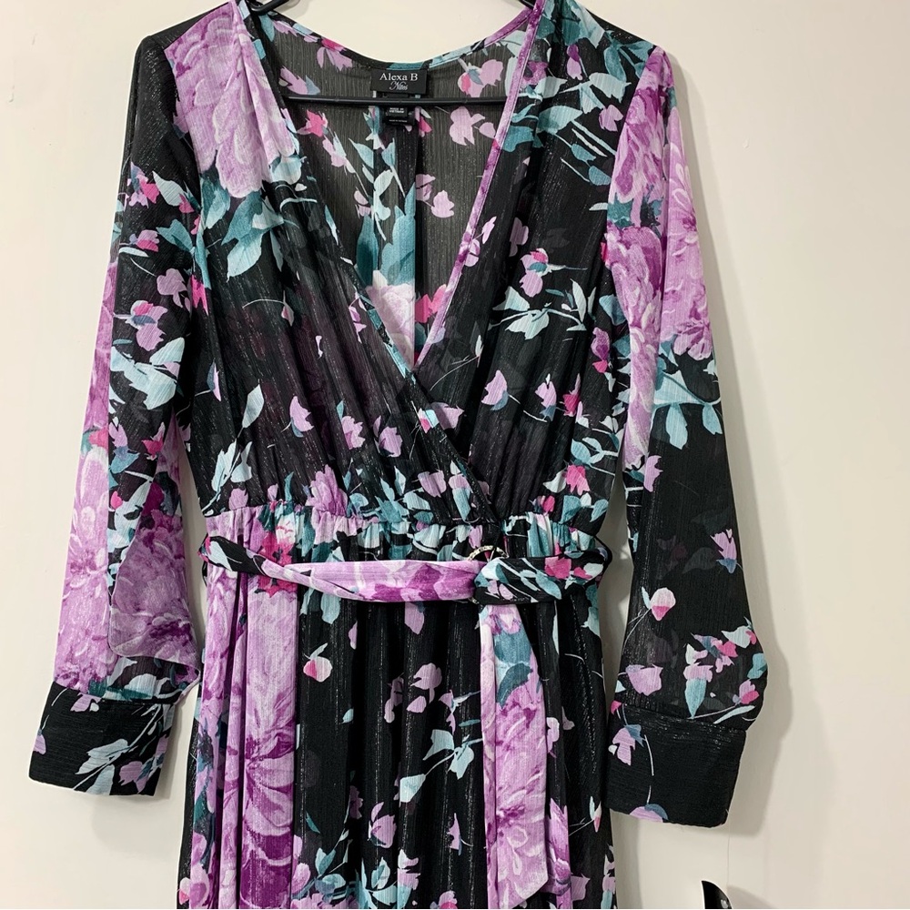 Black and Purple Wrap Sundress with Long Cuffed Sleeves for Cocktail